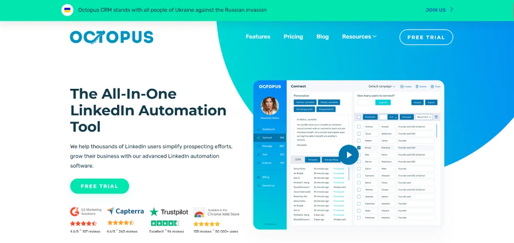 Octopus CRM LinkedIn automation tool with CRM features for small teams.