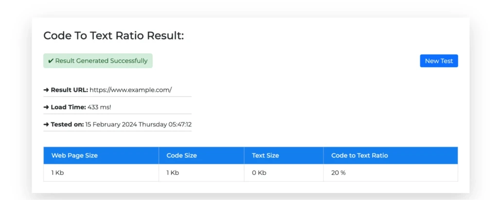 Code to text ratio checker - Result