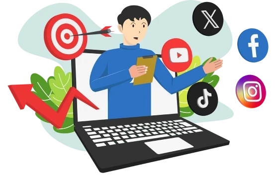 man in laptop with social icons